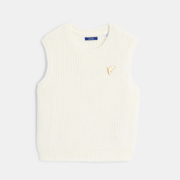 سترة (كنزة) من الصوف، مُضلعة وبدون أكمام، باللون الأبيض للفتيات